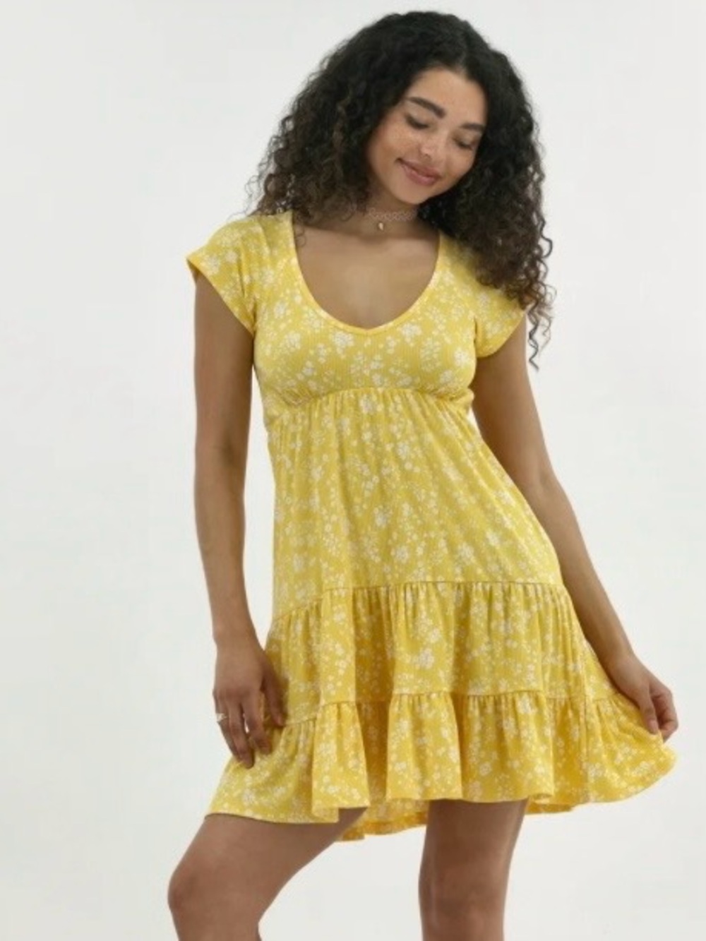 Cottagecore tiered mini dress ditsy floral yellow womens size 8-10 prairie
